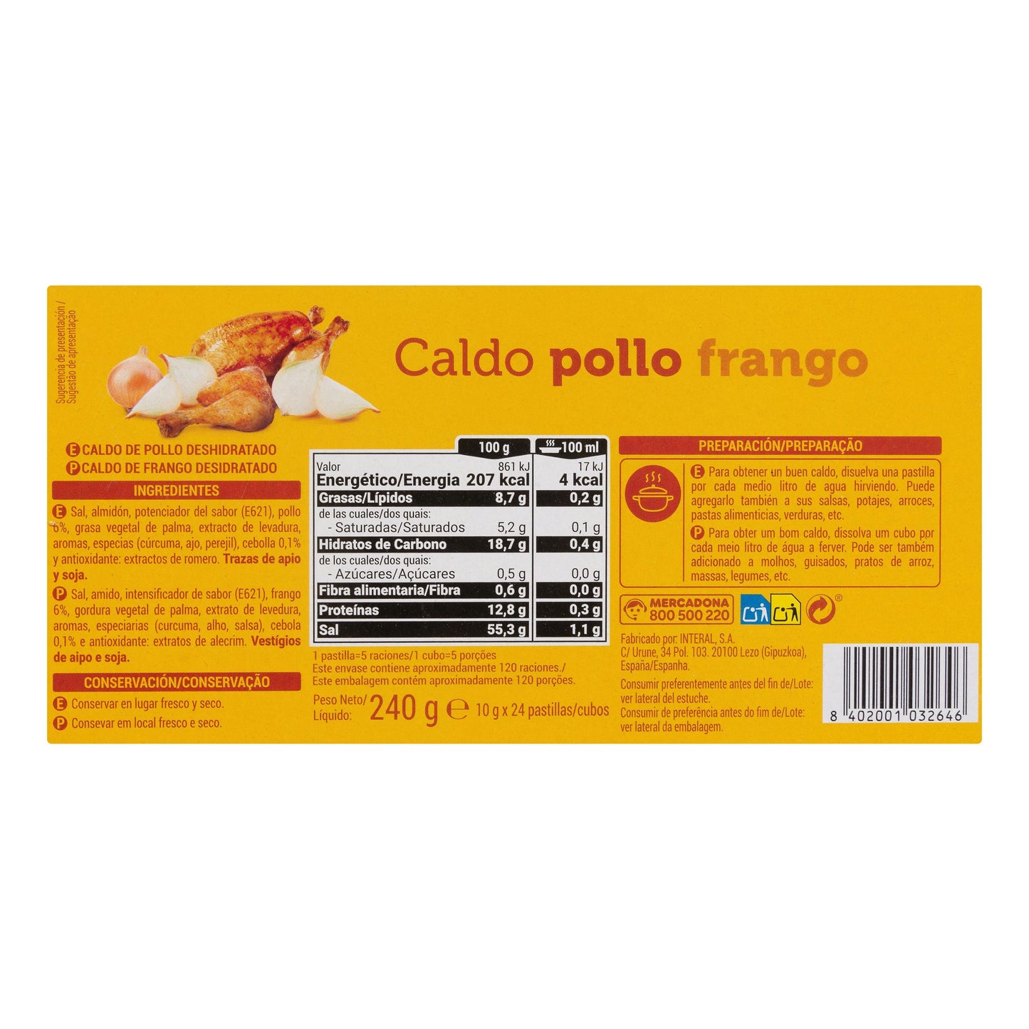 Caldo de Pollo Hacendado en Pastillas