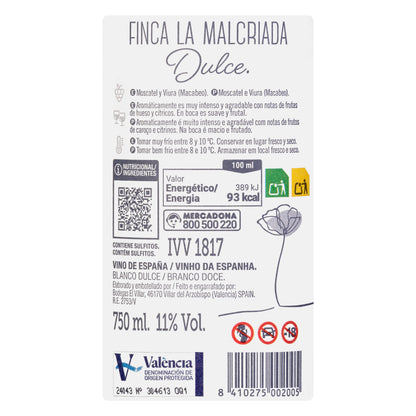 Vino Blanco D.O Valencia Finca La Malcriada Dulce