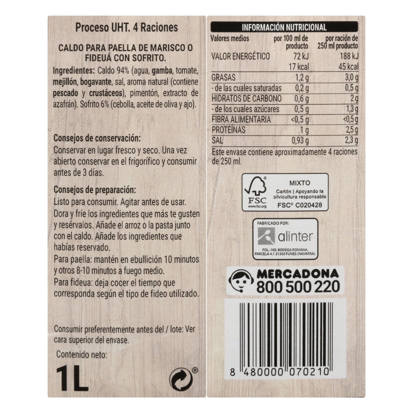 Caldo de Marisco o Fideuá para Paella Hacendado con Sofrito