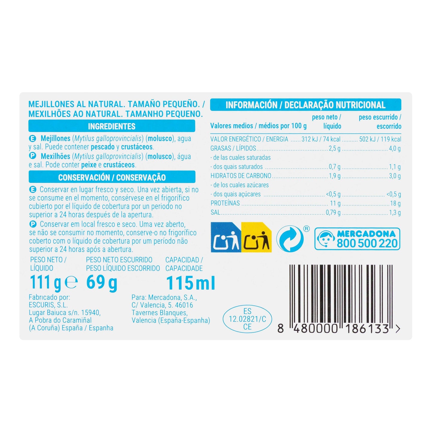 Mejillones al Natural Hacendado 13/18 Piezas