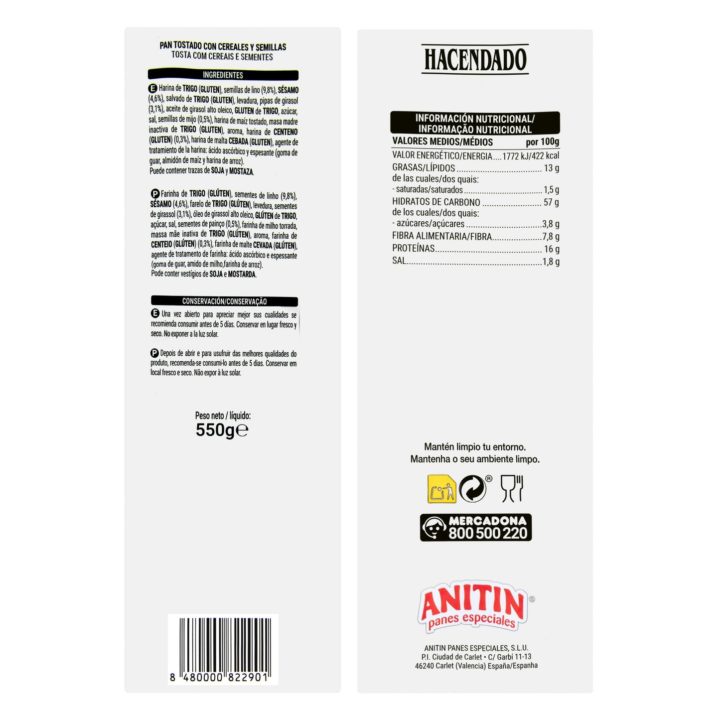 Pan Tostado Cereales y Semillas Hacendado