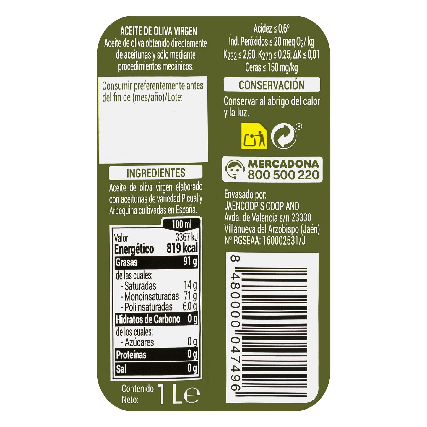 Aceite de Oliva Virgen Hacendado 1L