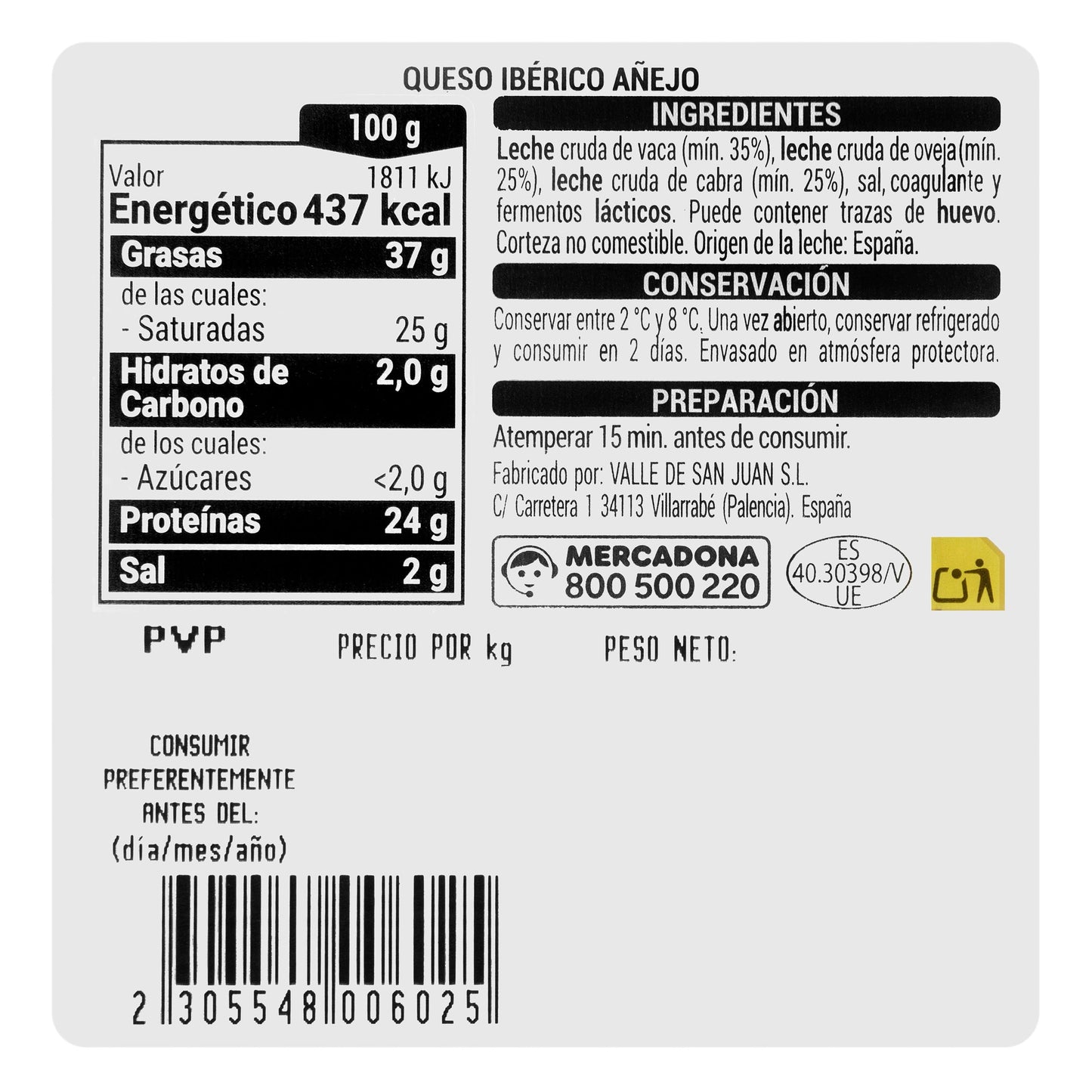 Queso Añejo Ibérico Mezcla Hacendado Cortado en Cuñitas