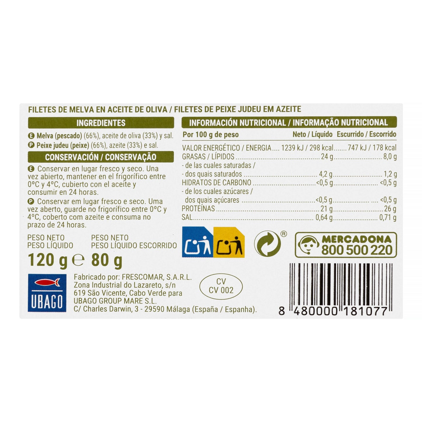 Filetes de Melva en Aceite de Oliva Hacendado