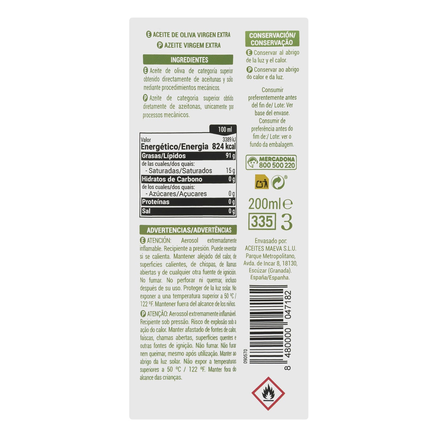 Aceite de Oliva Virgen Extra Hacendado 200ML (Spray)