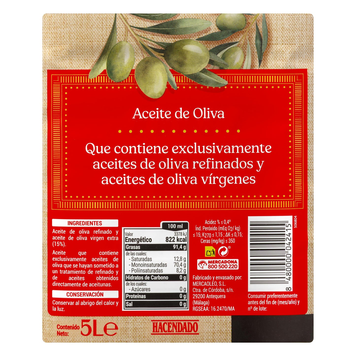 Aceite de Oliva 0,4º Hacendado 5L