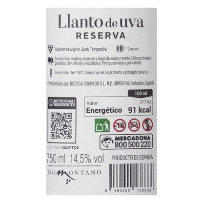 Vino Tinto D.O Somontano Llanto de Uva Reserva