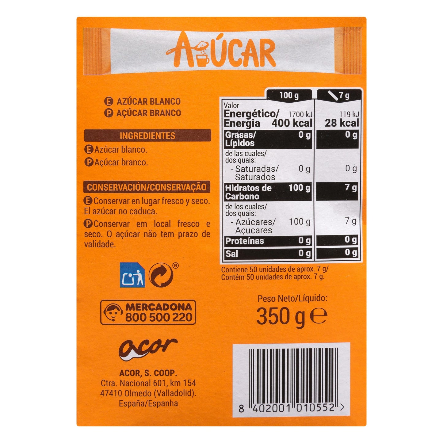 Hacendado White Sugar in Envelopes