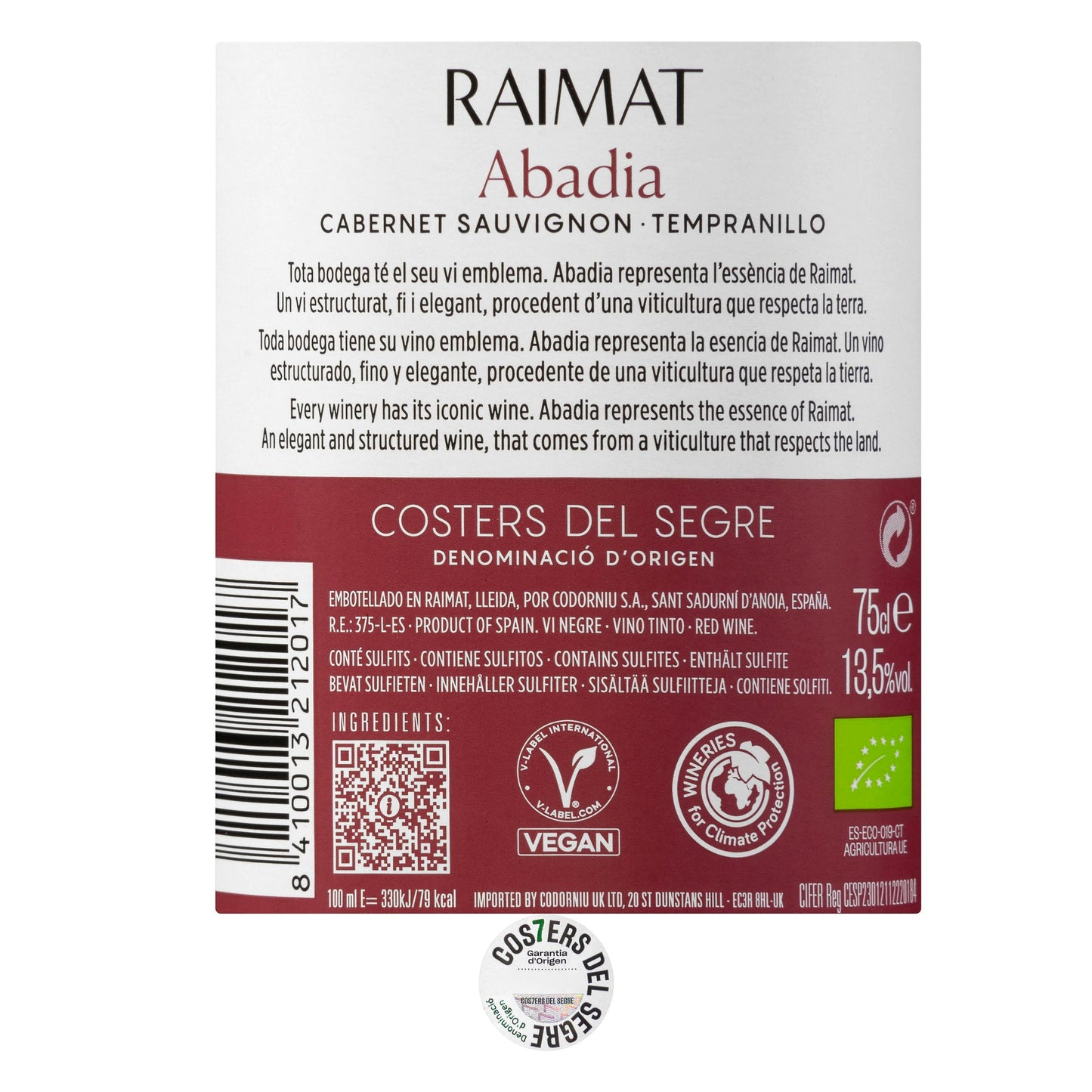 Vino Tinto D.O Costers del Segre Raimat Abadía Tempranillo