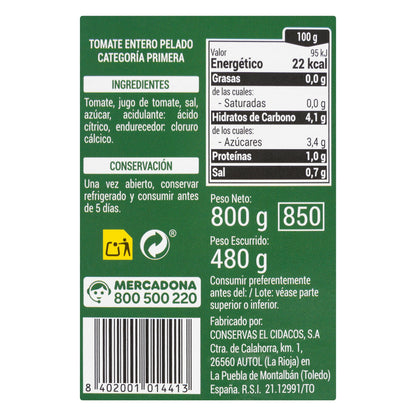 Tomate Entero Pelado Hacendado