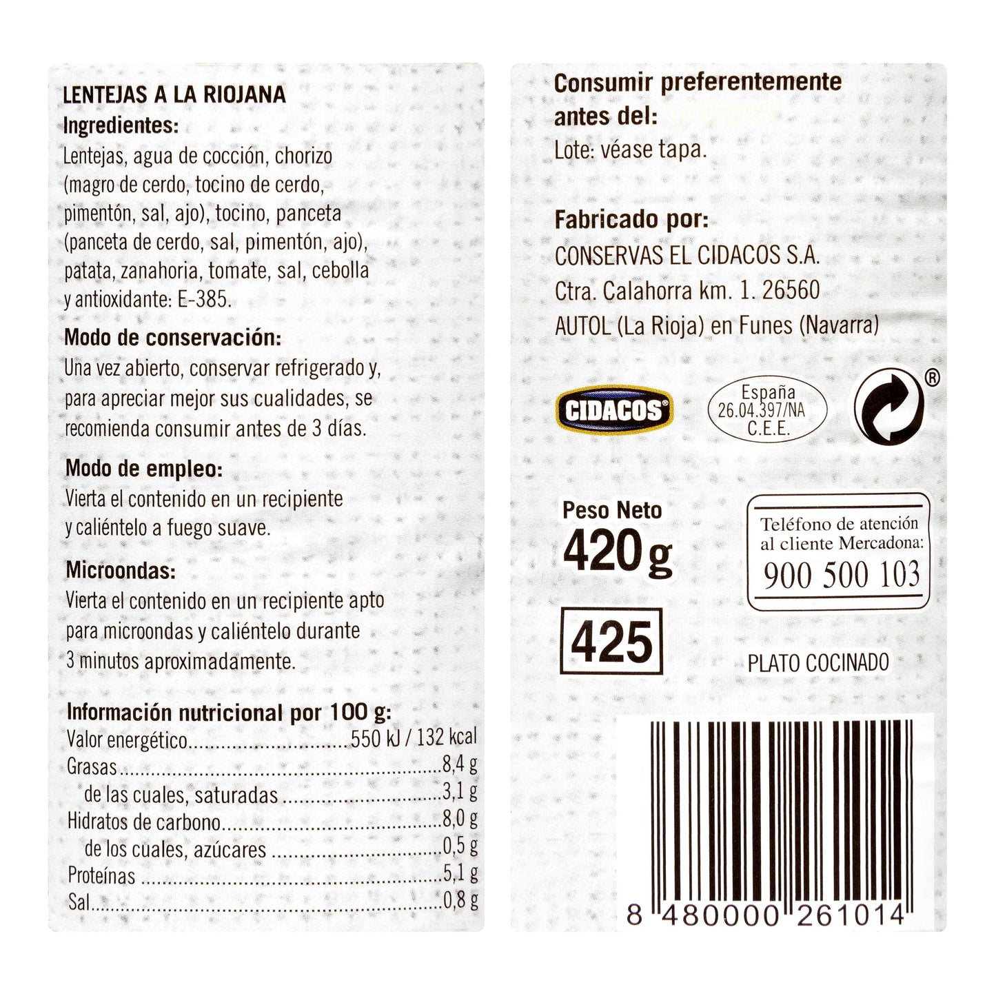 Lentejas a la Riojana Hacendado