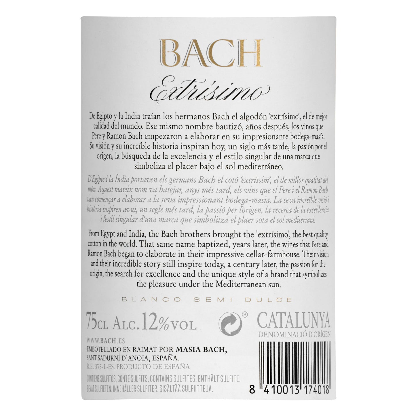 Vino Blanco Semidulce Bach D.O Catalunya