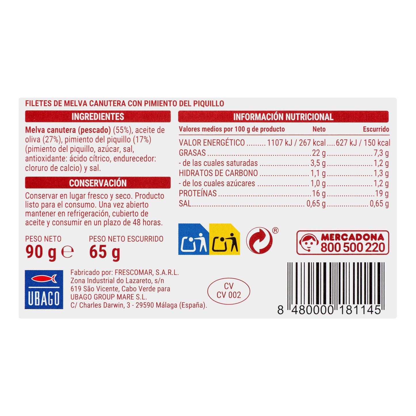 Filetes de Melva Canutera con Pimientos del Piquillo Hacendado en Aceite de Oliva