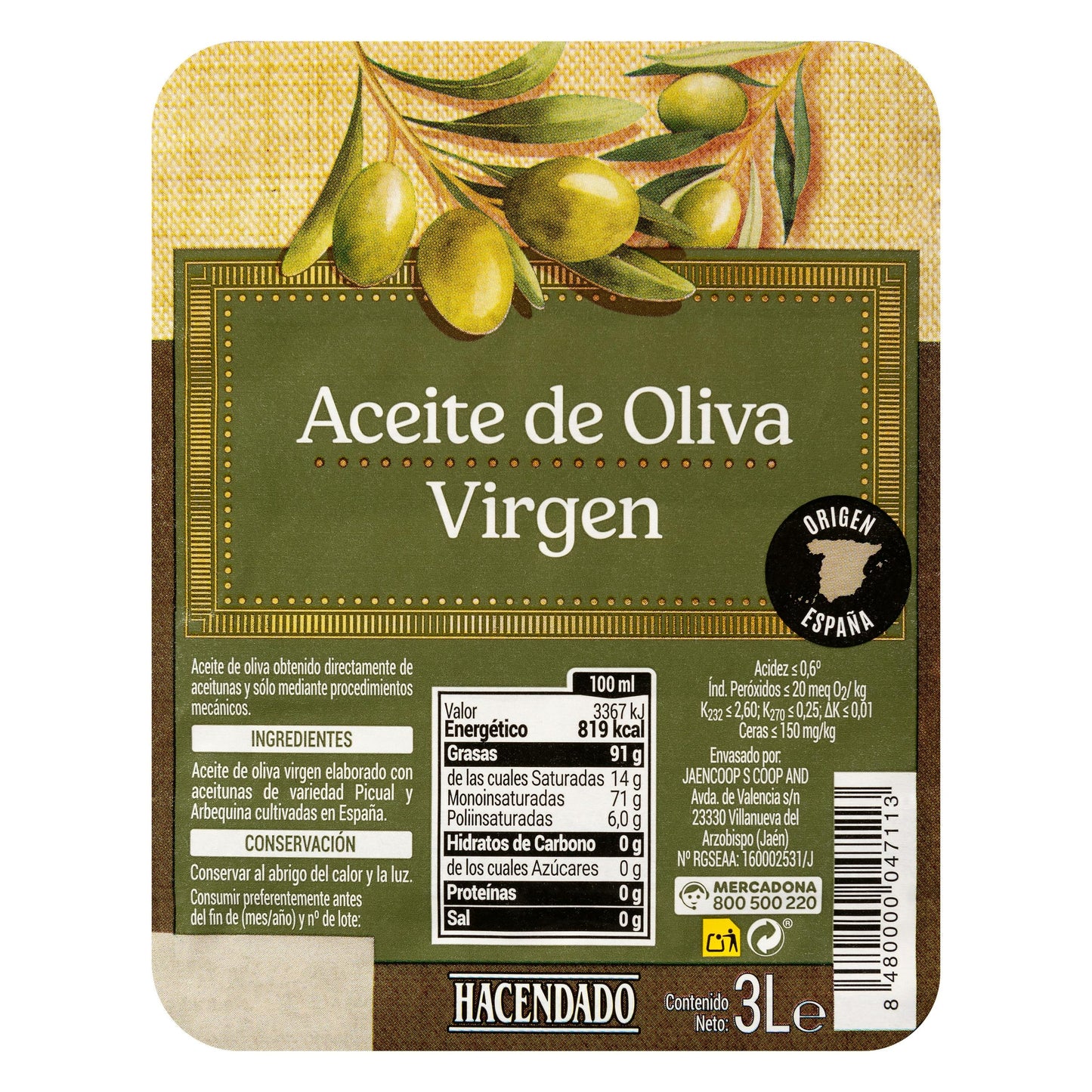 Aceite de Oliva Virgen Hacendado 3L