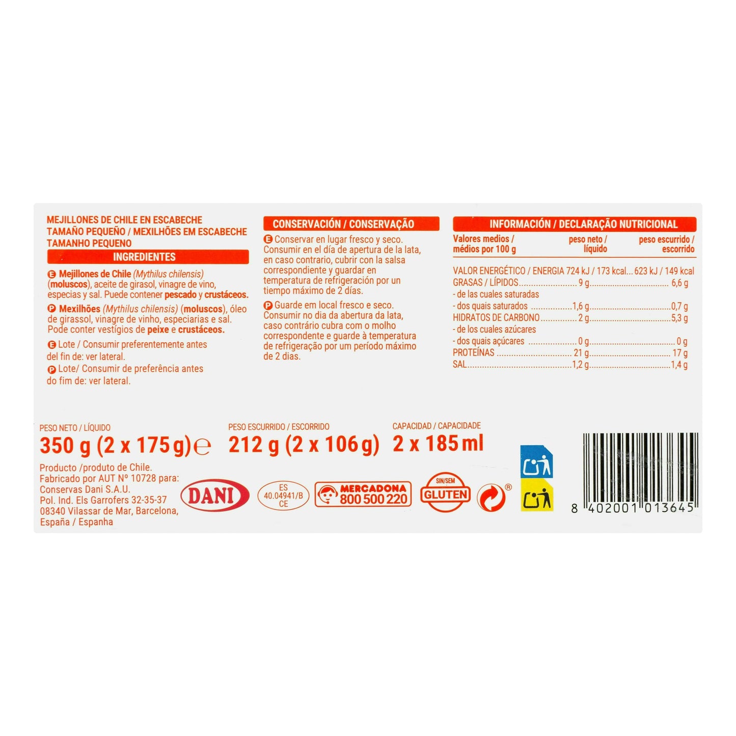 Mejillones en Escabeche Hacendado Pequeños 13/18 Piezas