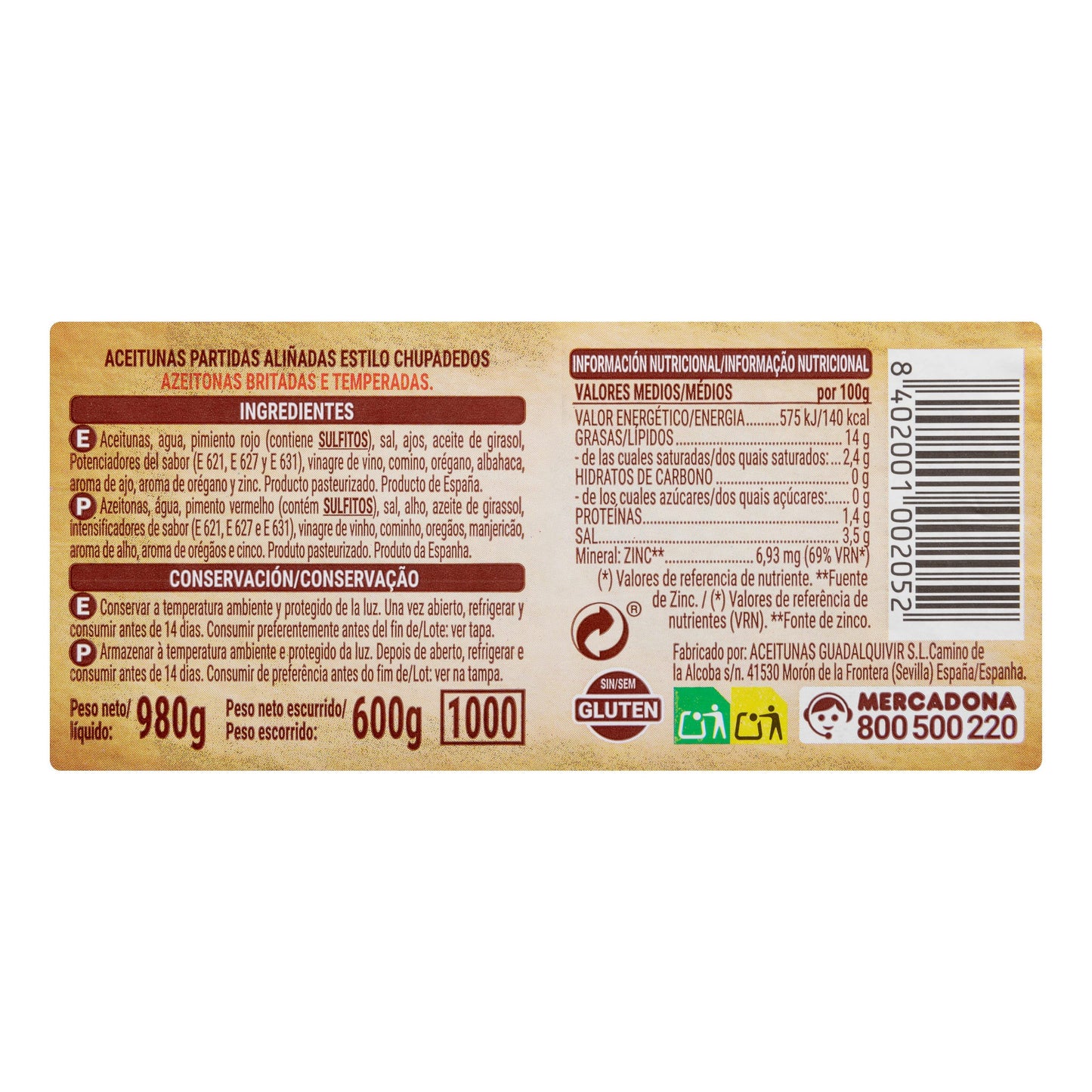 Aceitunas Verdes Chupadedos Huerta de Barros Partidas Aliñadas