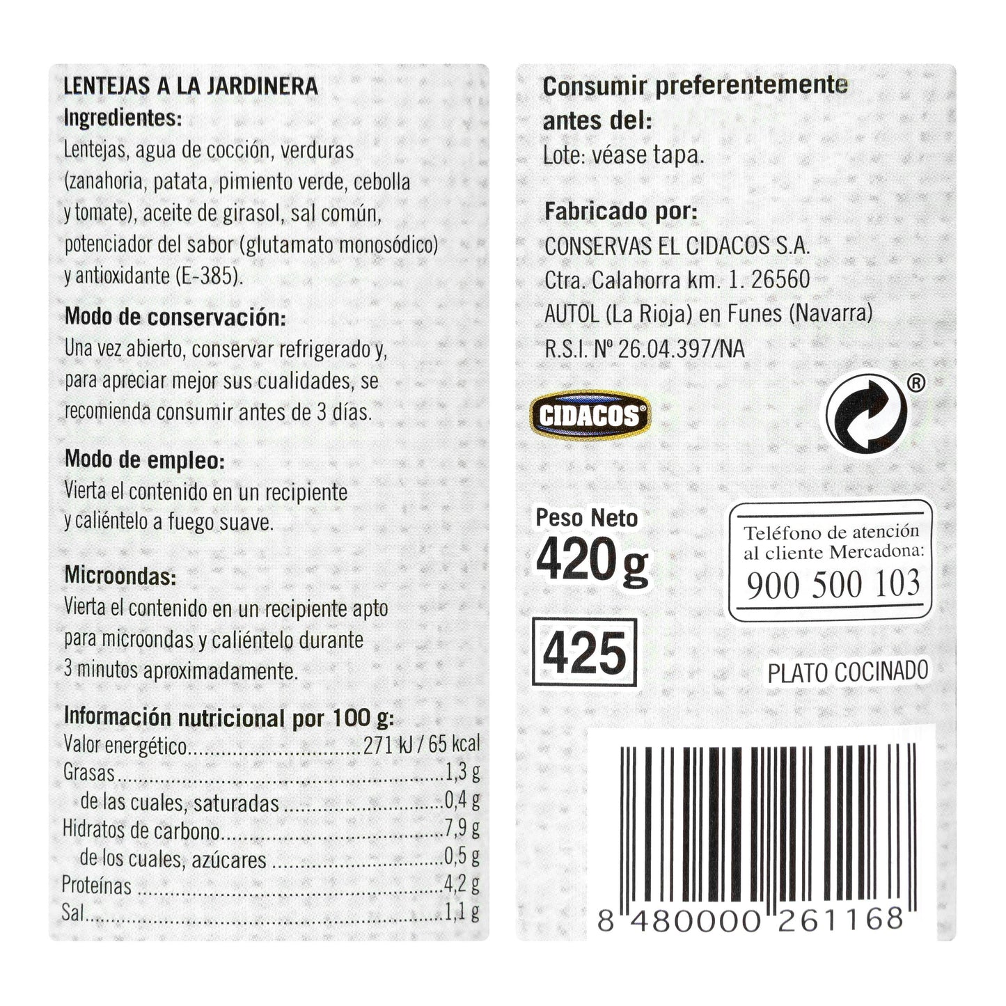 Lentejas a la Jardinera Hacendado