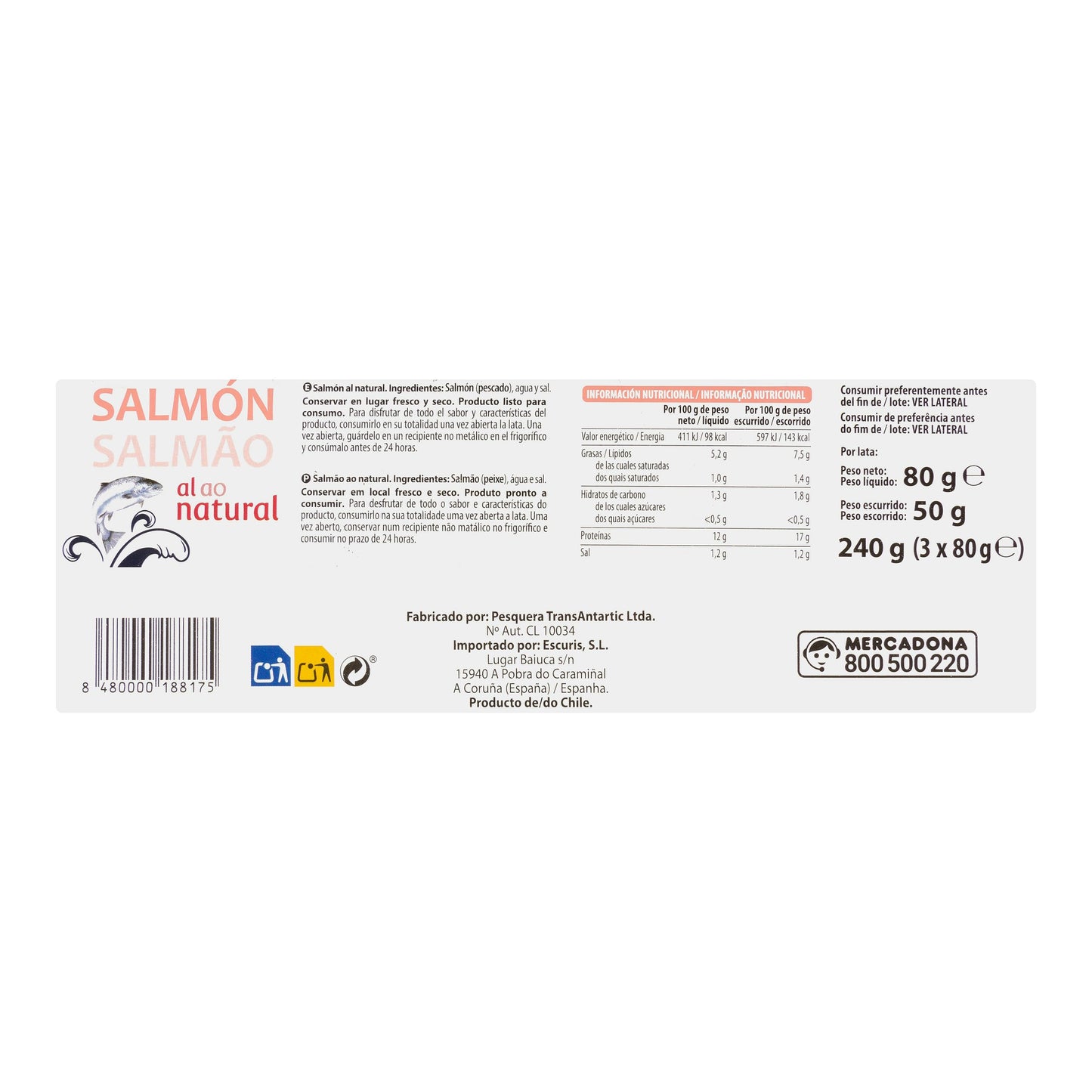 Salmón al Natural Hacendado Pack3