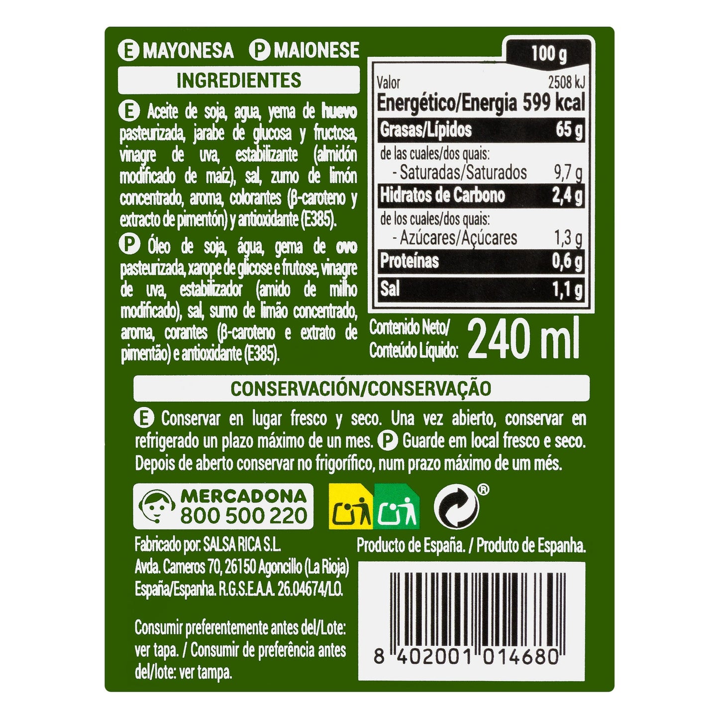 Mayonesa Hacendado 240ML