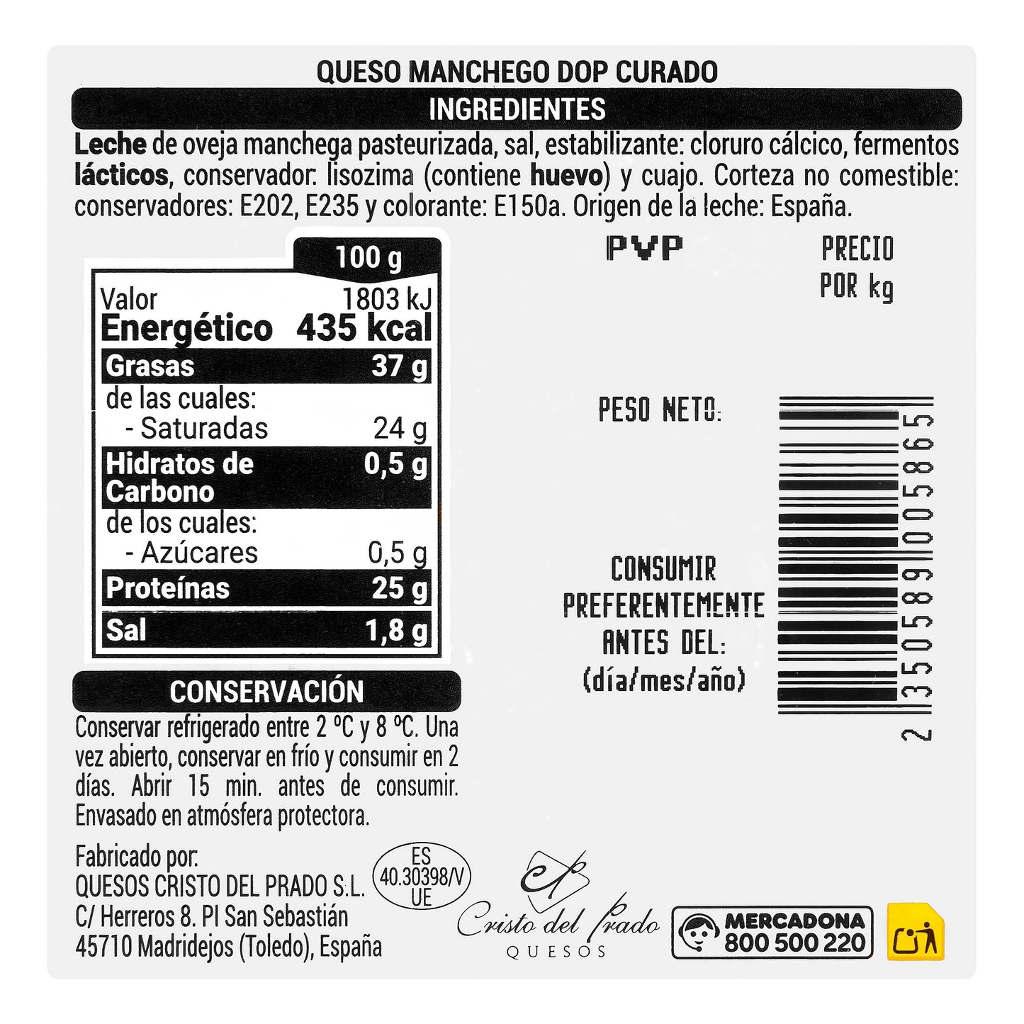 Queso Curado DOP Manchego de Oveja Hacendado