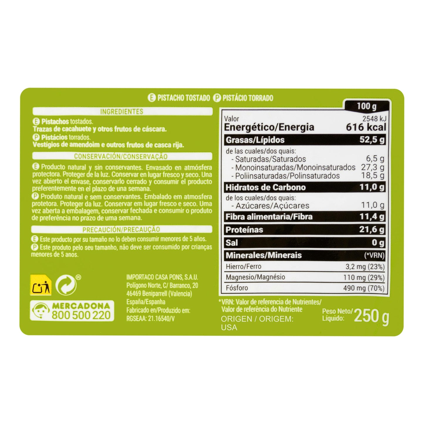 Pistacho Tostado Hacendado 0% Sal Añadida