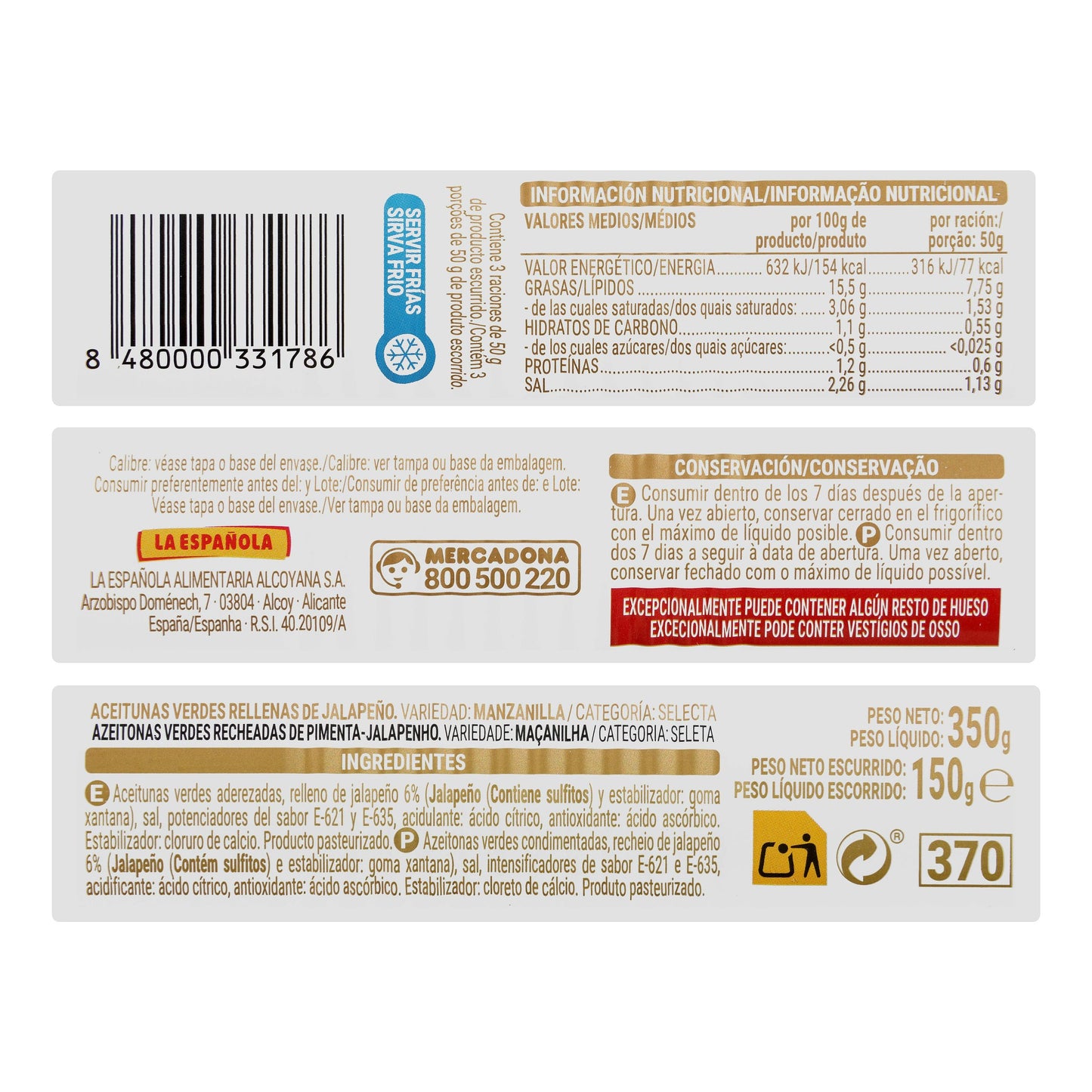 Aceitunas Verdes Rellenas de Jalapeño Hacendado