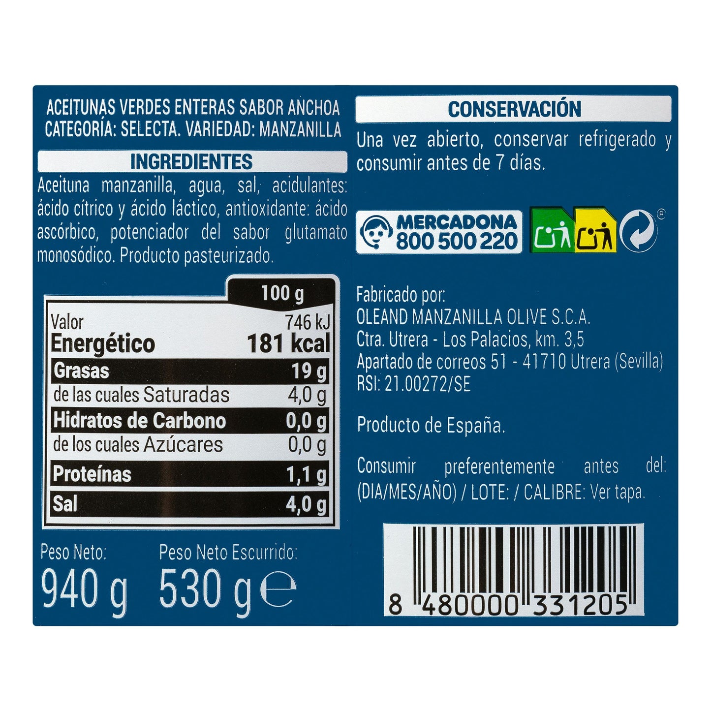 Aceitunas Verdes con Hueso Hacendado Sabor Anchoa