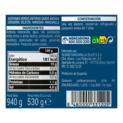 Aceitunas Verdes con Hueso Hacendado Sabor Anchoa