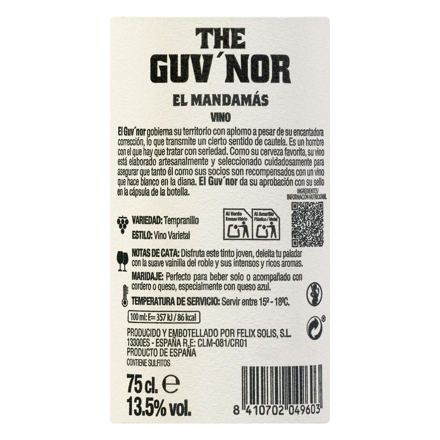 Vino Tinto Tempranillo El Mandamás The Guv’Nor