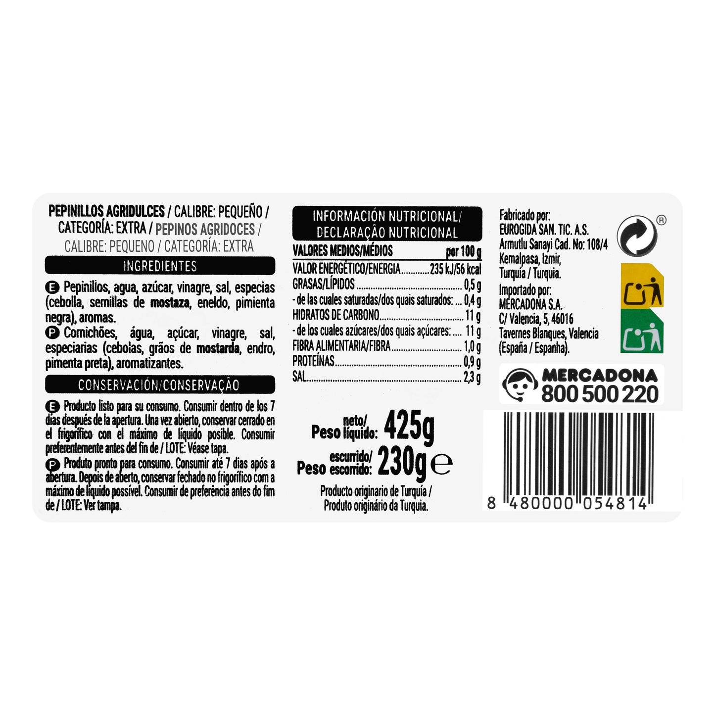 Hacendado Sweet and Sour Pickles 425g