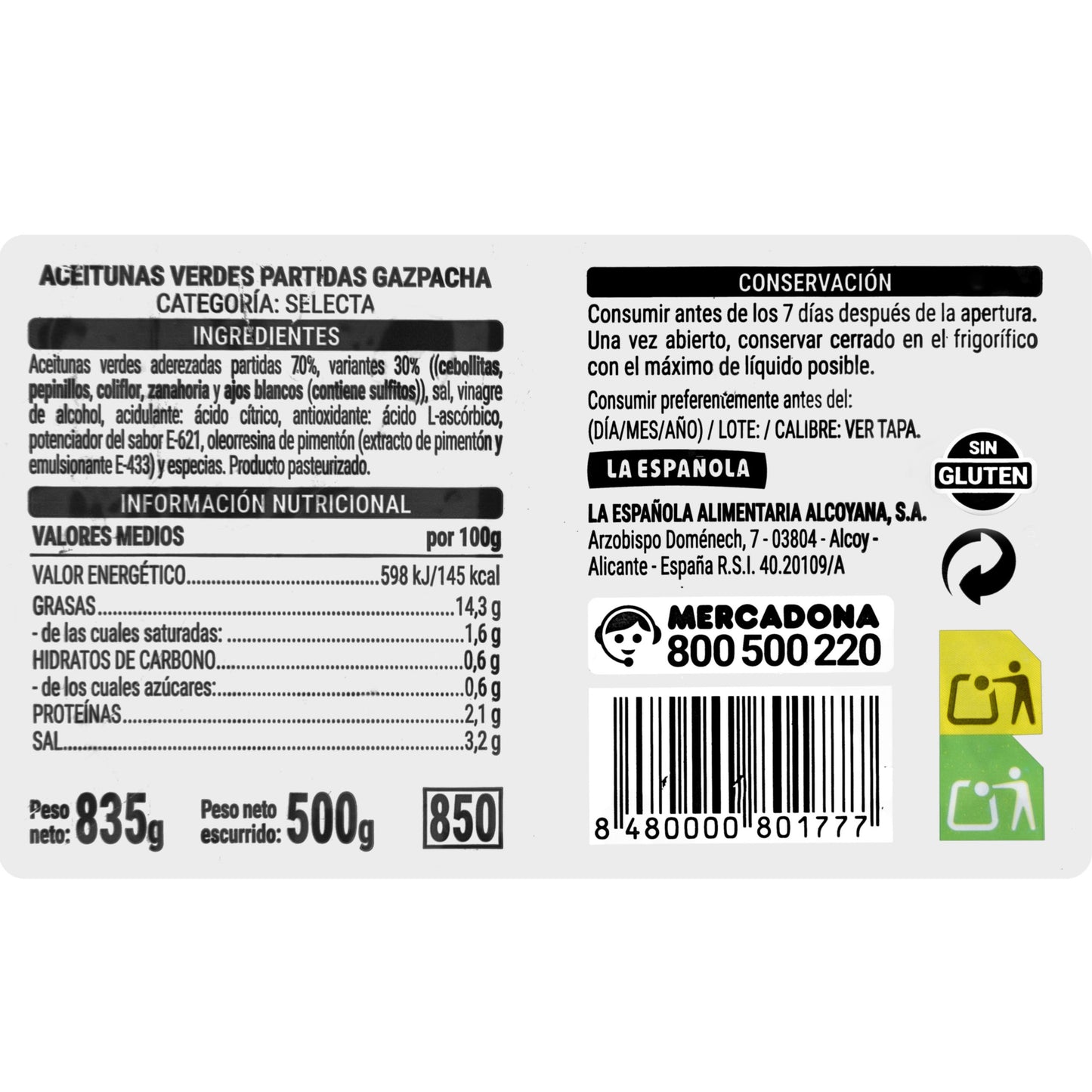 Aceitunas Verdes Gazpacha Hacendado Partidas