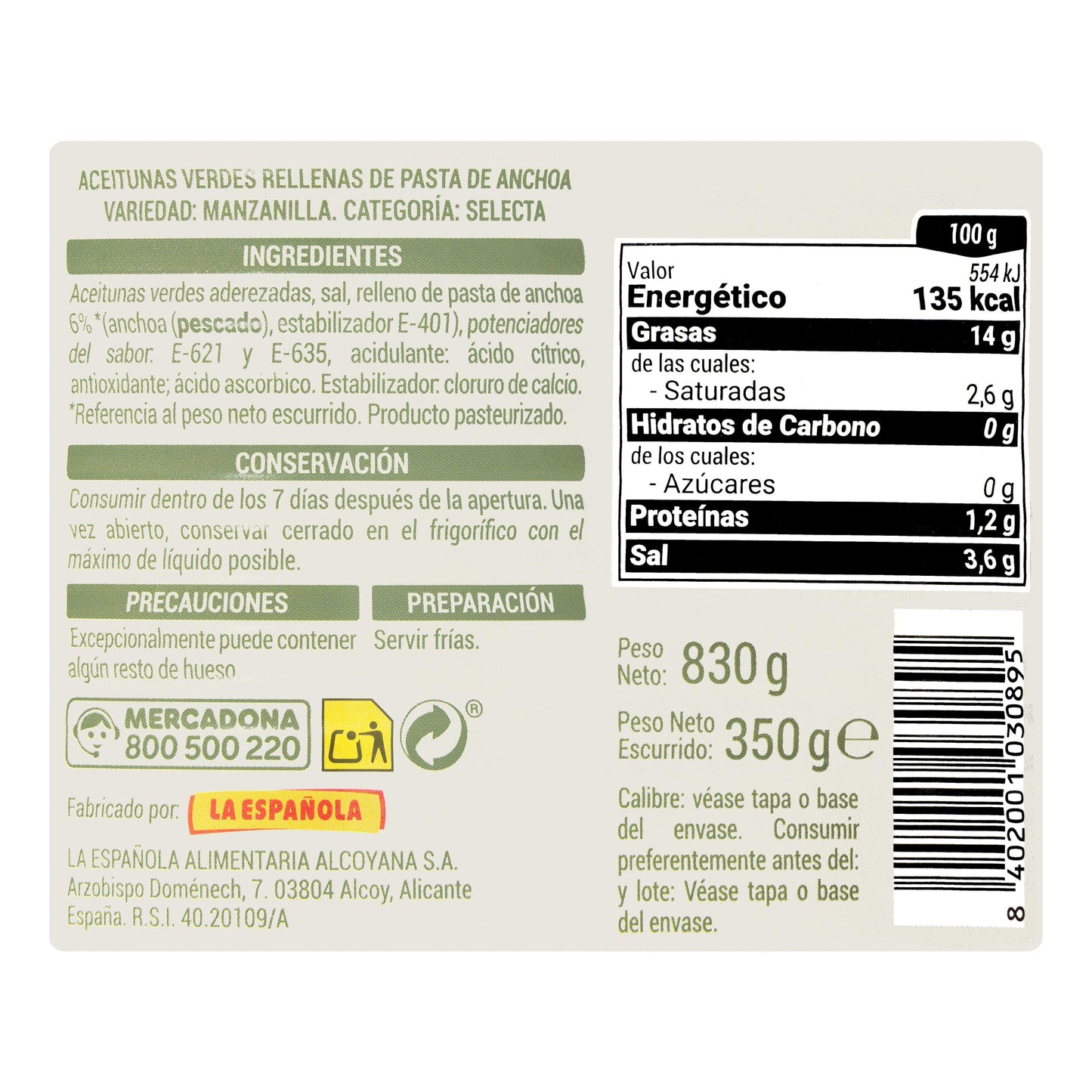 Aceitunas Verdes Rellenas de Anchoa Hacendado