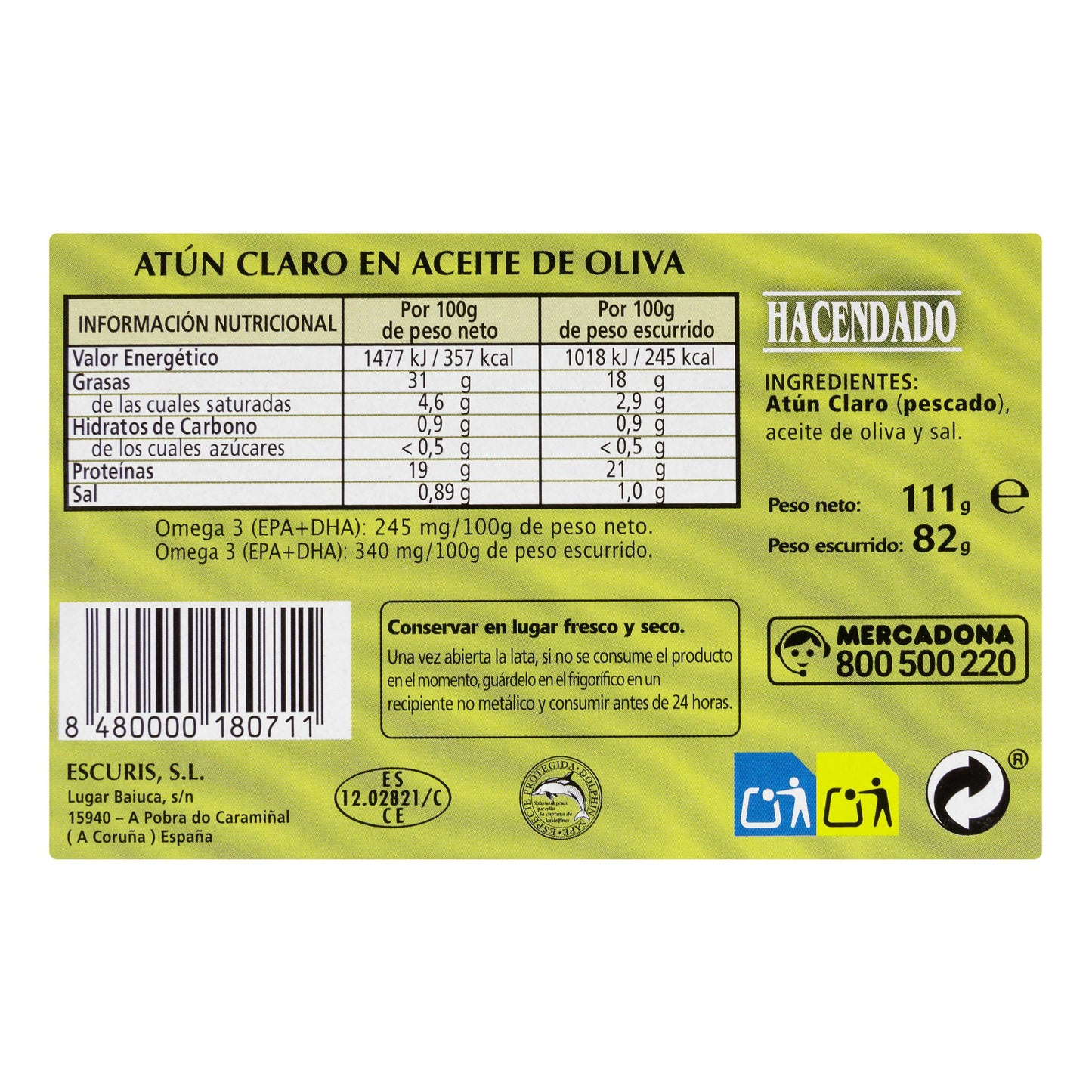 Atún Claro en Aceite de Oliva Hacendado 111GR