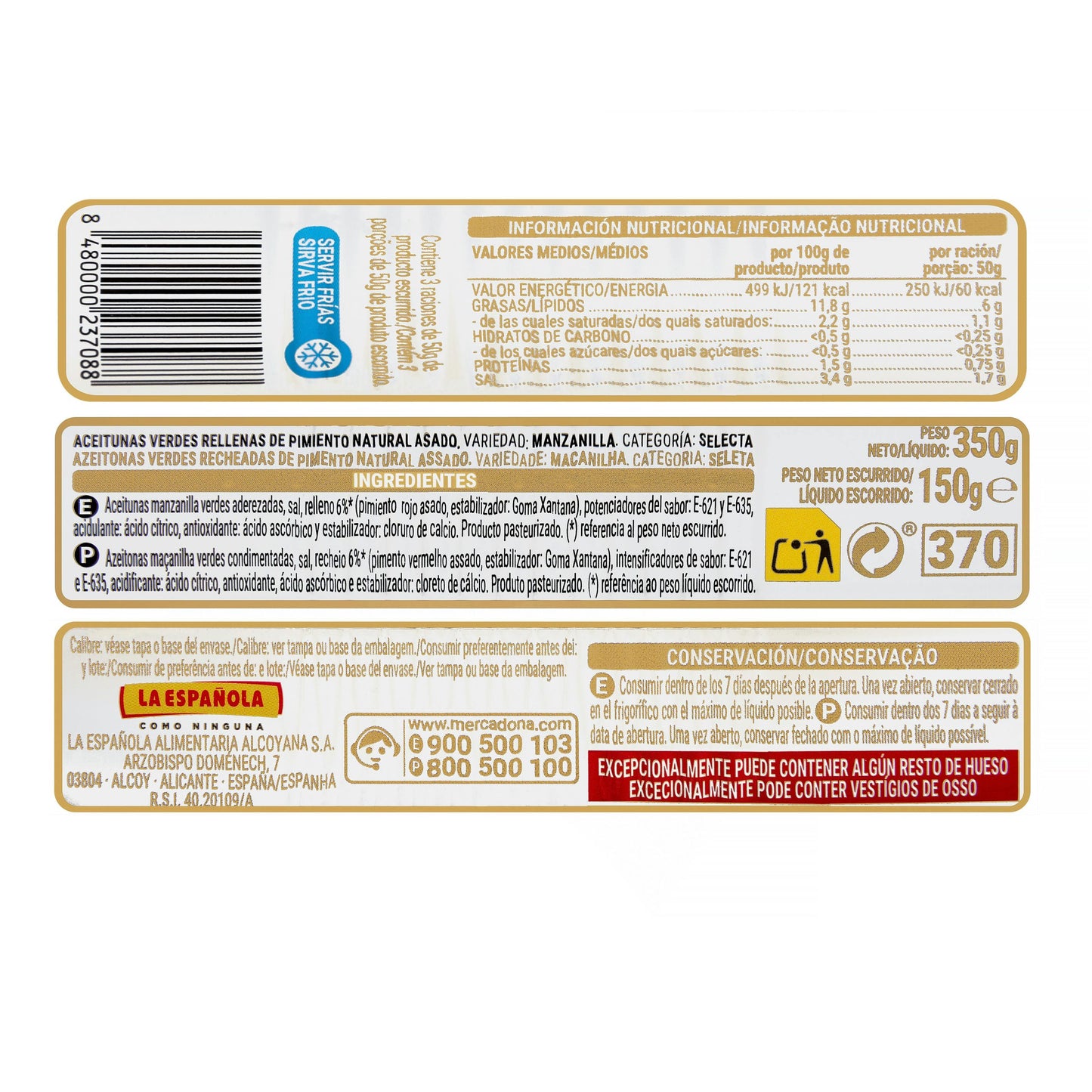 Aceitunas Verdes Rellenas de Pimiento Asado Hacendado