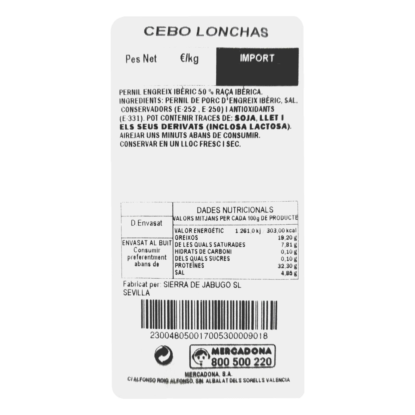 Jamón Cebo Ibérico Cortado a Máquina