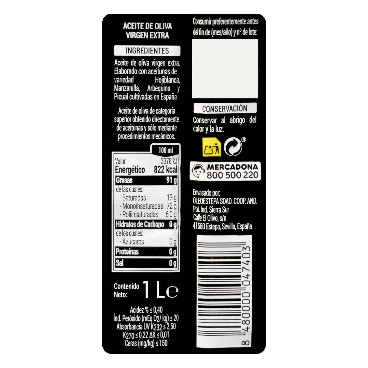 Aceite de Oliva Virgen Extra Hacendado 1L