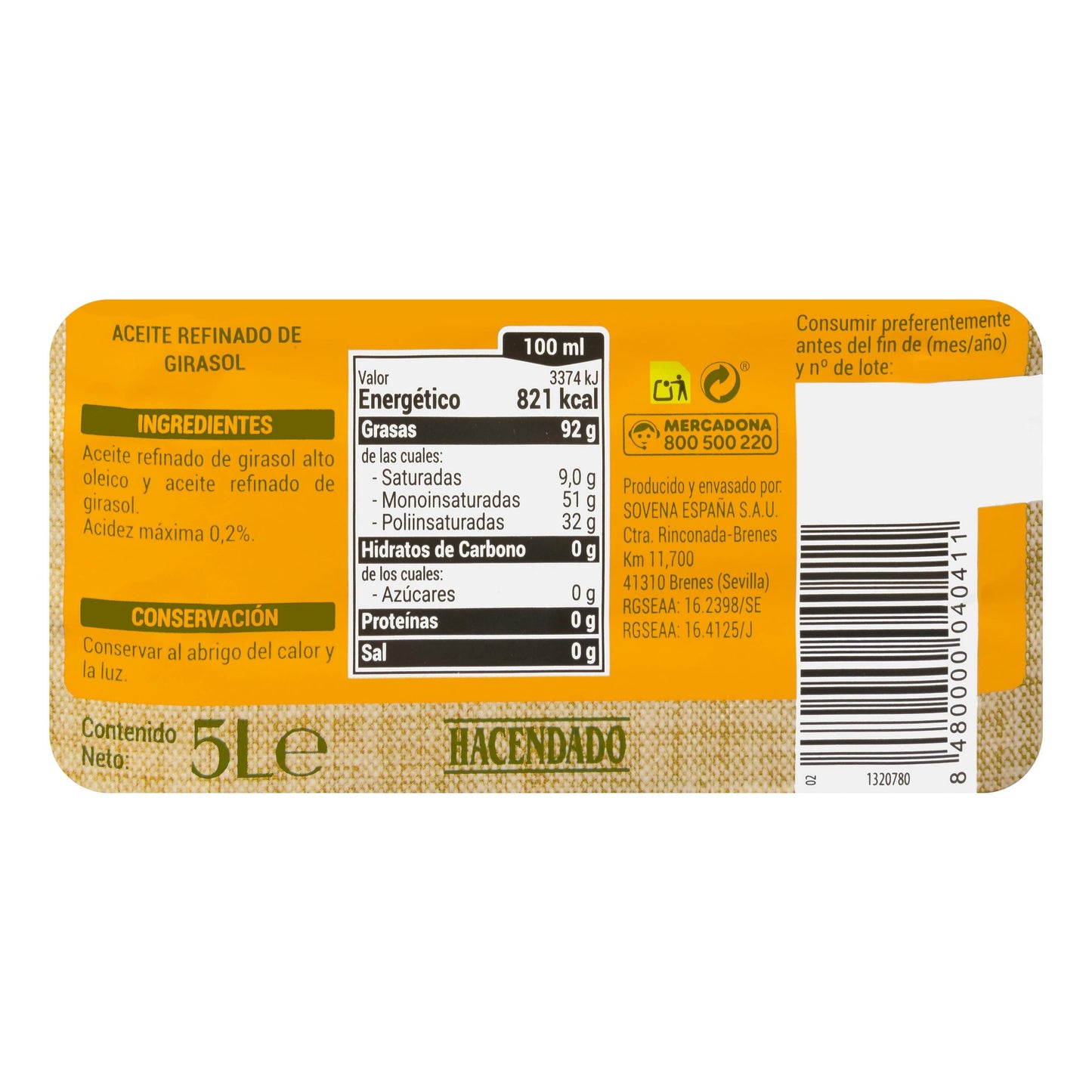 Aceite de Girasol Refinado 0,2º Hacendado 5L