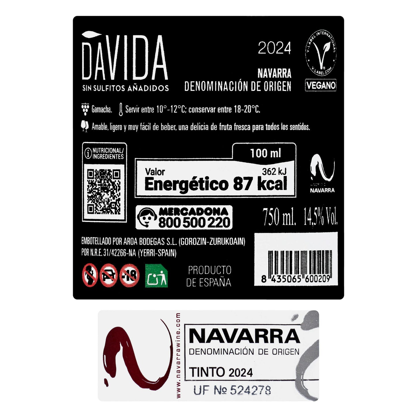 Vino Tinto Sin Sulfitos Añadidos Davida D.O. Navarra