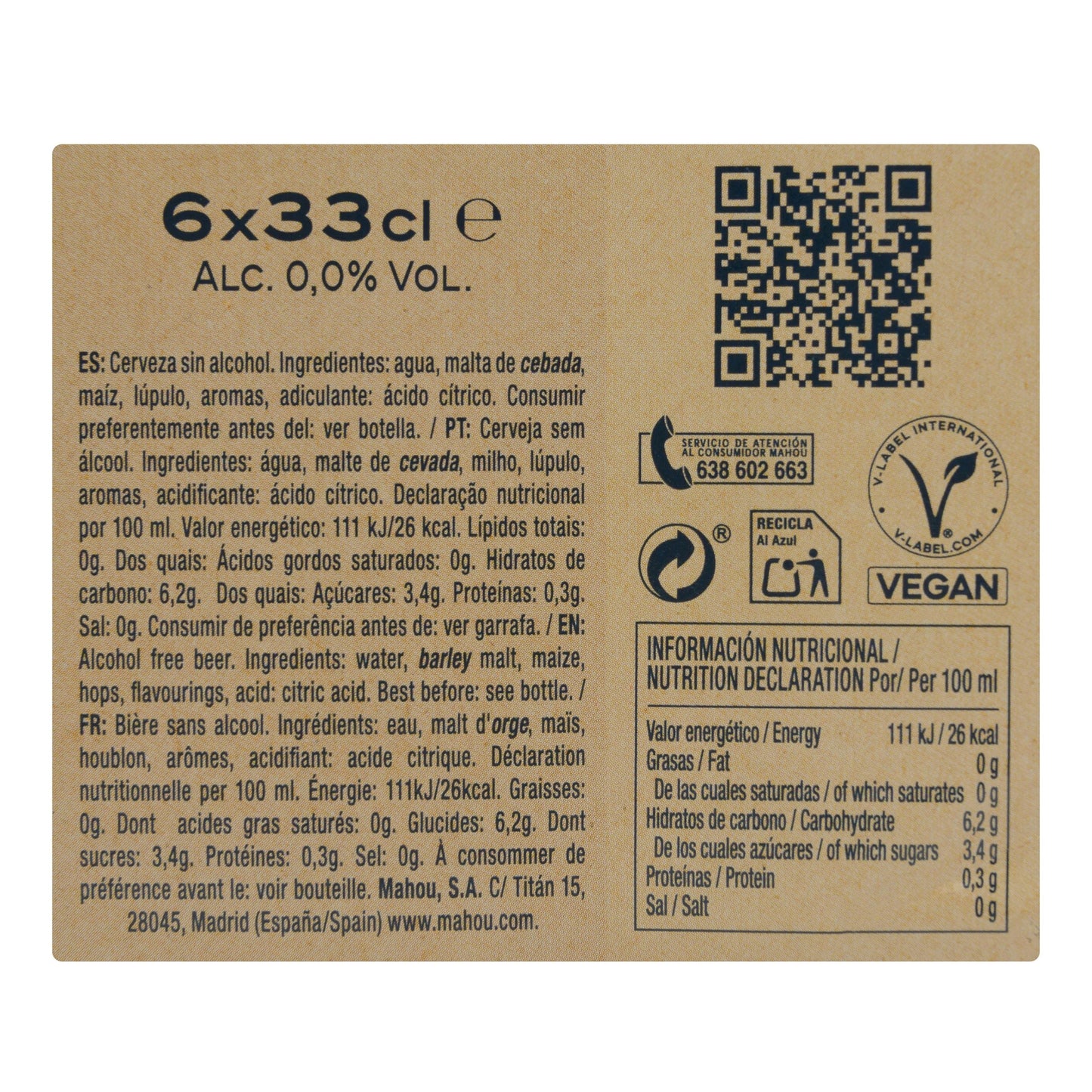 Cerveza 0,0% Sin Alcohol Tostada Mahou 6x33CL