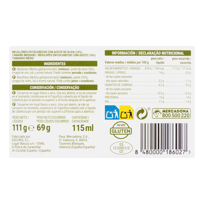Mejillones en Escabeche Hacendado Medianos 8/12 Piezas