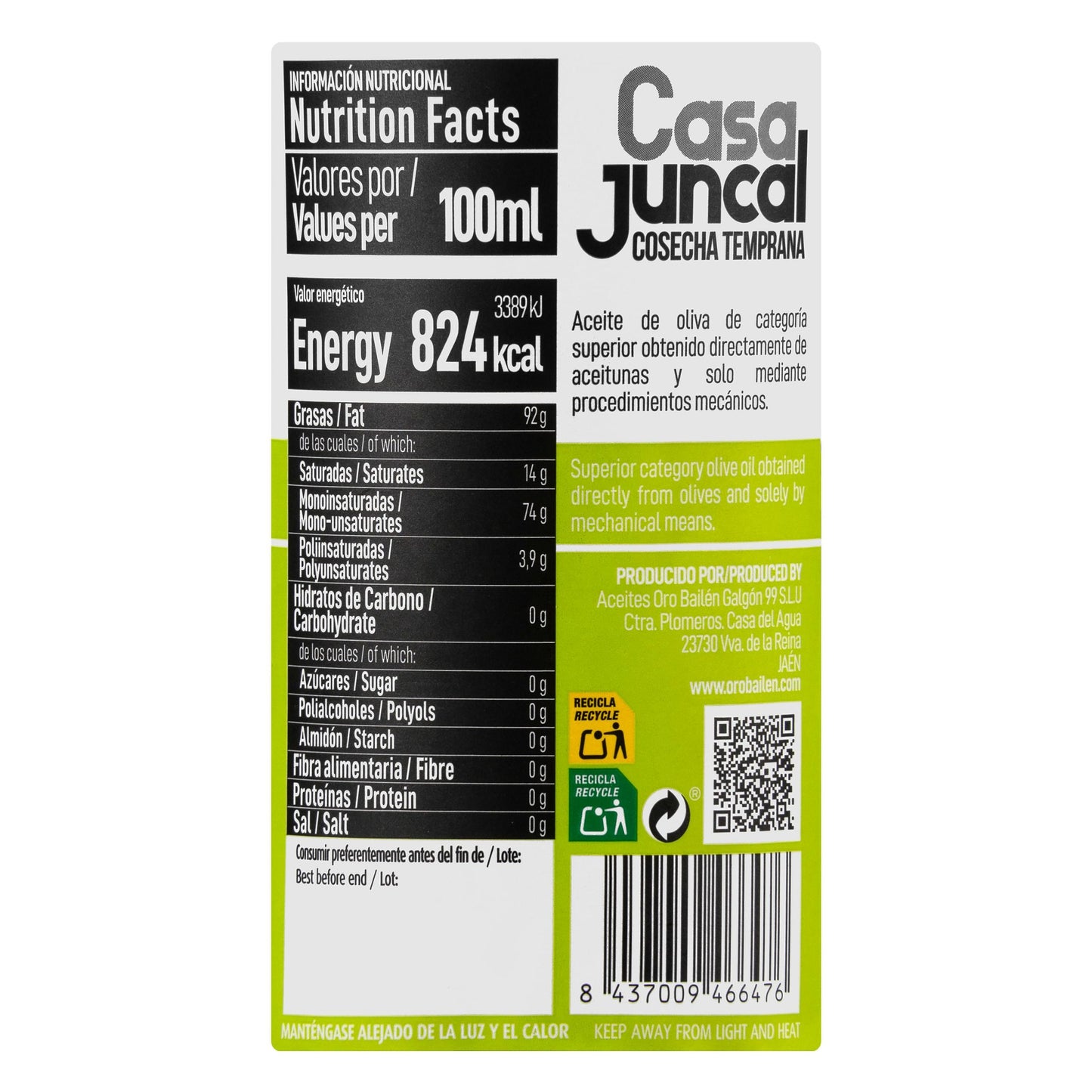 Aceite de Oliva Virgen Extra Picual Casa Juncal