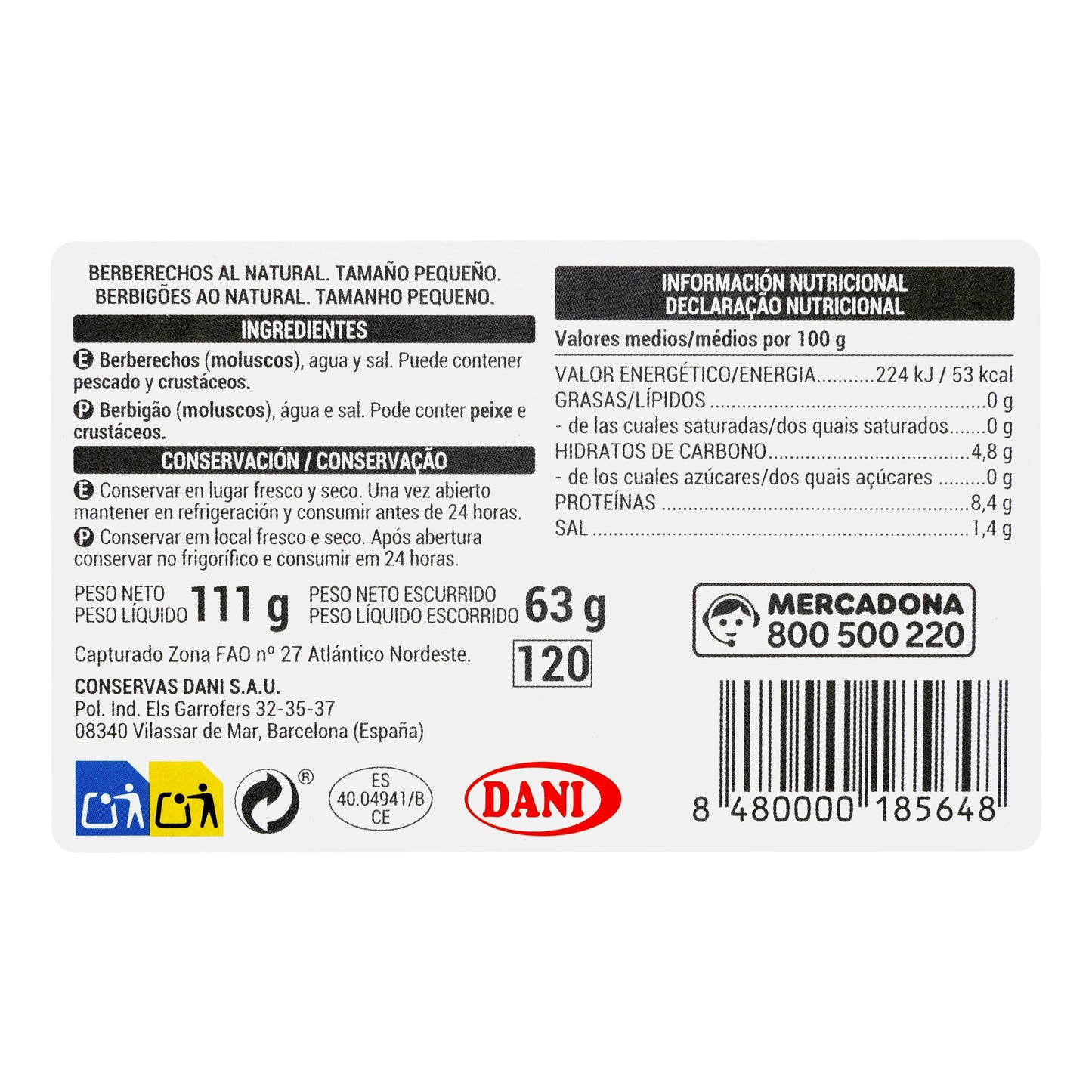 Berberechos al Natural Hacendado 45/65 Piezas