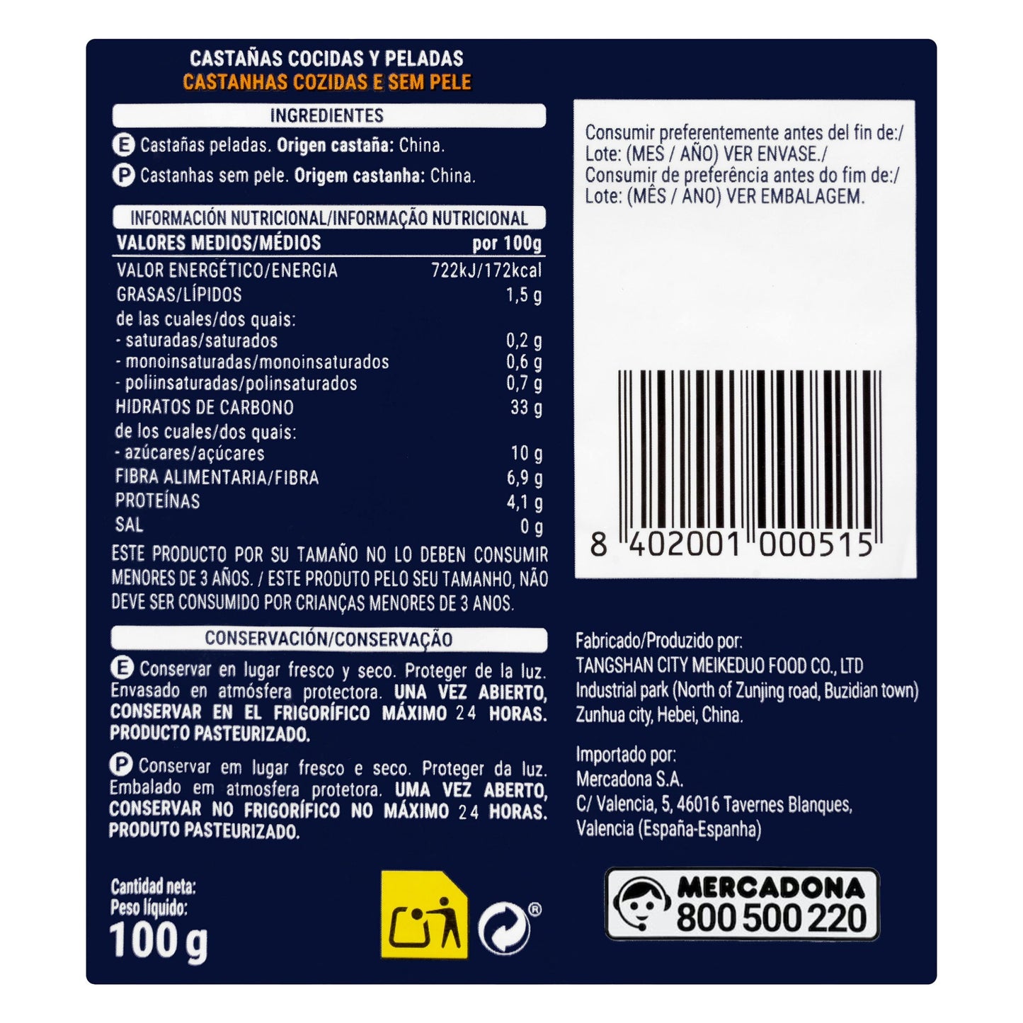 Castañas Cocidas y Peladas Hacendado