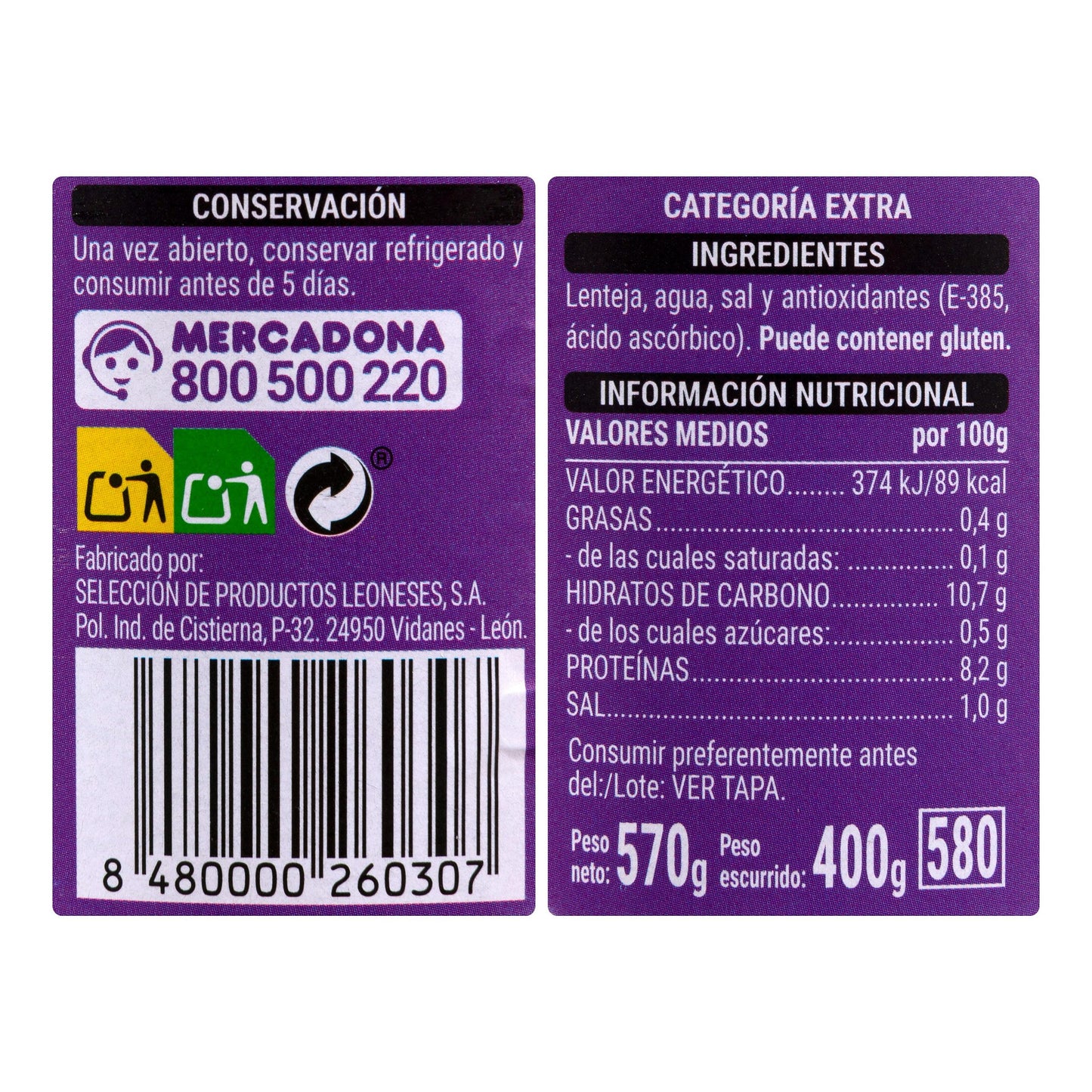 Lenteja Cocida Hacendado 570GR