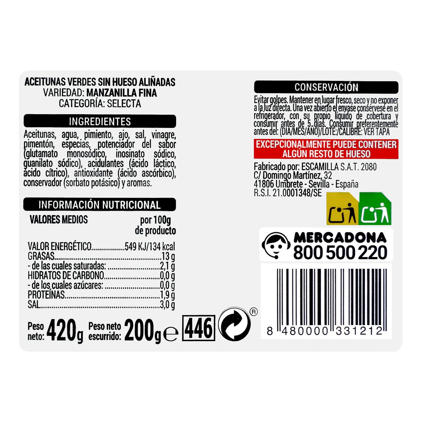 Aceitunas Verdes Sin Hueso Aliñadas Hacendado