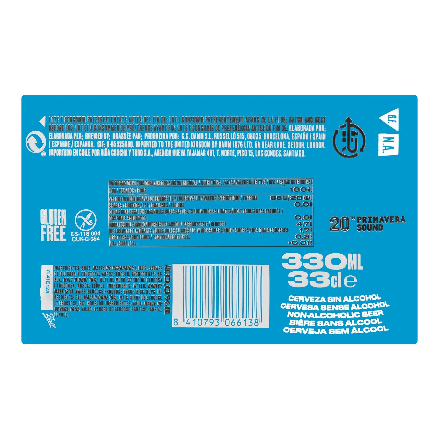 Cerveza Sin Gluten Free Damm 0,0% Sin Alcohol