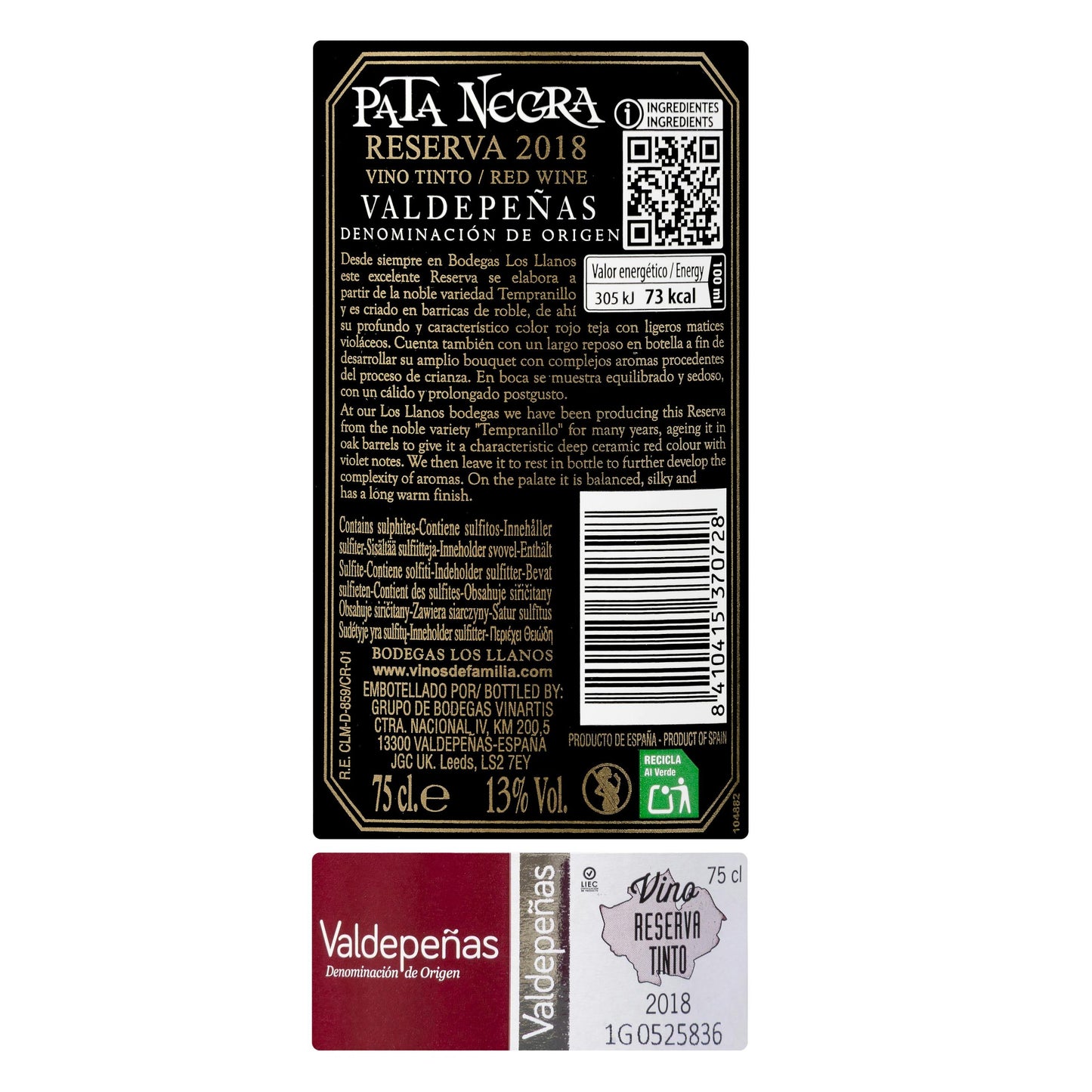 Vino Tinto D.O Valdepeñas Pata Negra Reserva