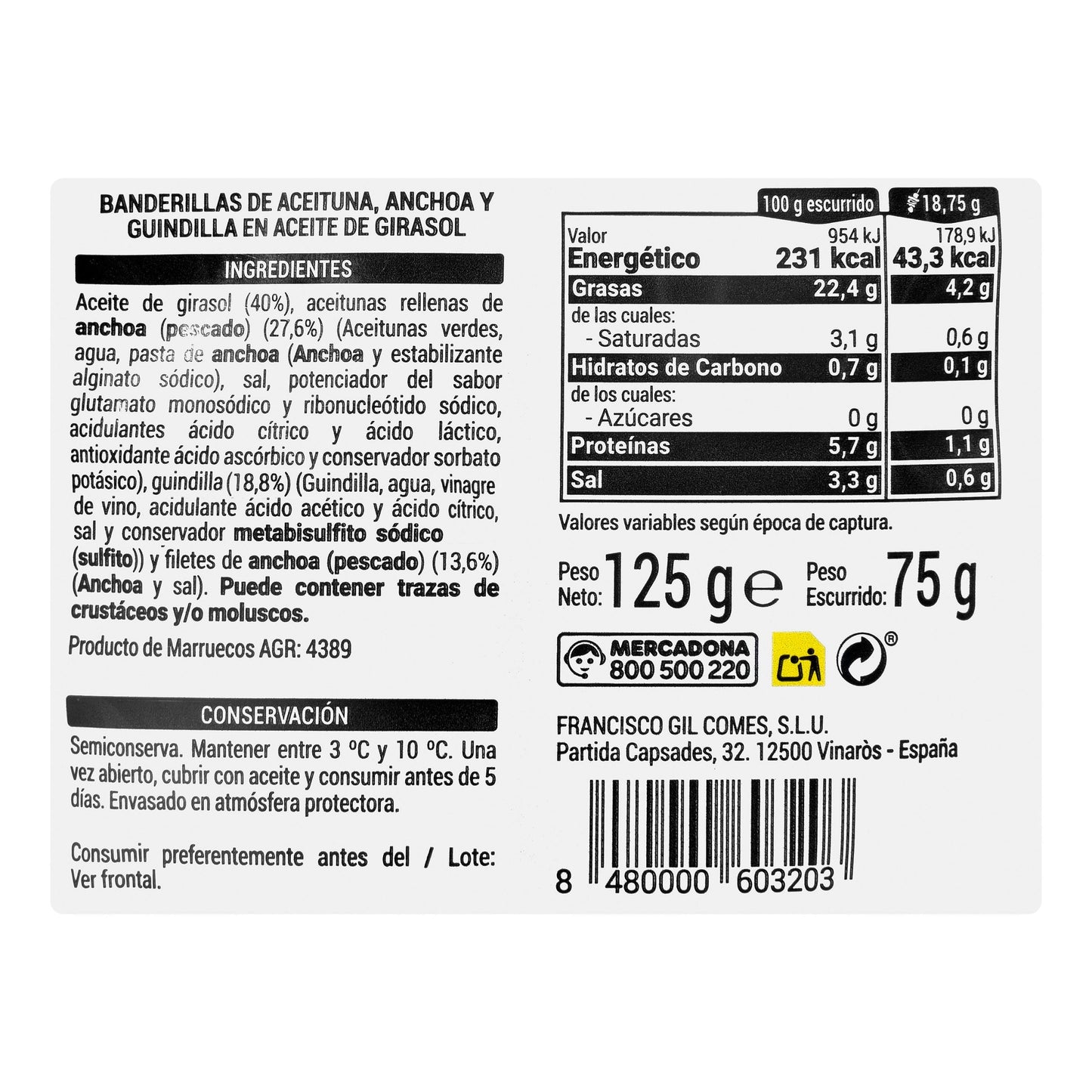 Banderillas Gildas Hacendado Pinchos de Aceituna, Anchoa y Guindilla