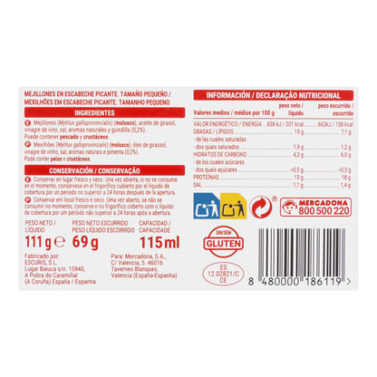 Mejillones Picantes en Escabeche Hacendado Pequeños 13/18 Piezas