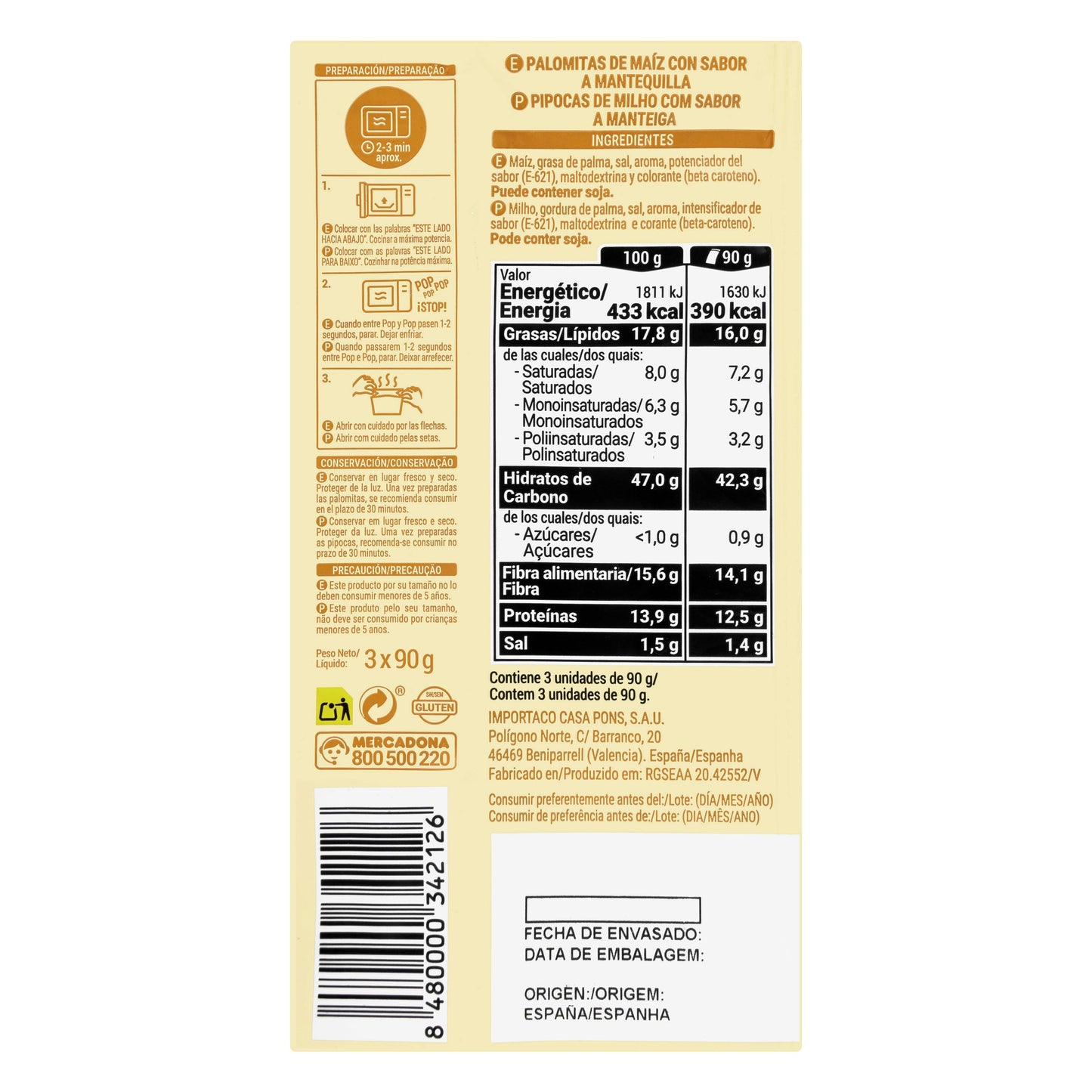 Palomitas de Maíz sabor Mantequilla Hacendado para Microondas